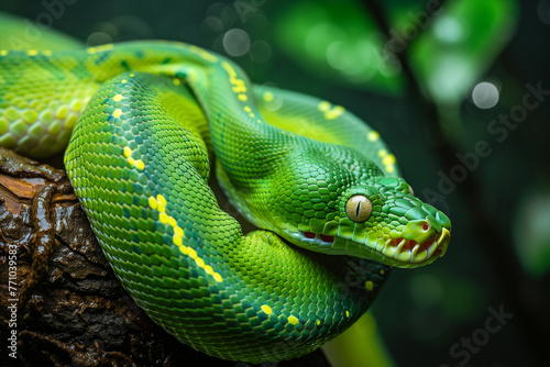 Green tree python snake on branch, Chondropython viridis snake closeup