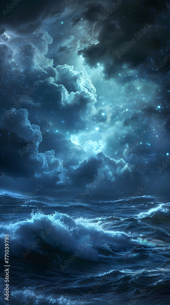 An image depicting the powerful waves of an ocean under a star-filled night sky, exuding a sense of mystery and vastness - obrazy, fototapety, plakaty 