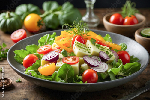Vegetable salad with greens and cheese © volgariver