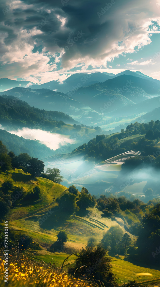 A mesmerizing panoramic image showcasing the serene beauty of a lush valley with mountains veiled in morning mist under a golden sunrise