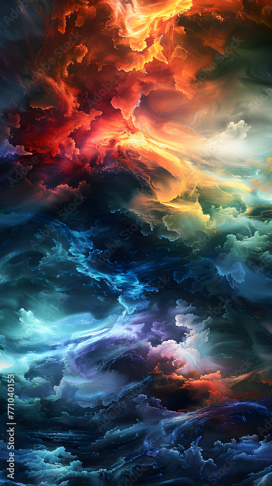 A mesmerizing digital artwork of a sky ablaze with red and orange clouds contrasting with deep blues, representing the dynamic nature of our universe