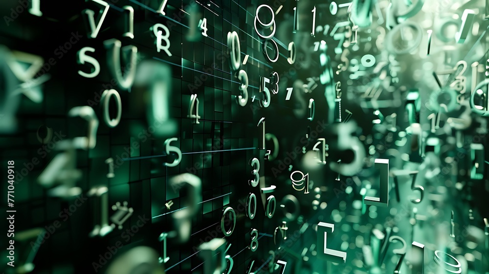 A background of numbers and letters in green tones with an abstract digital effect