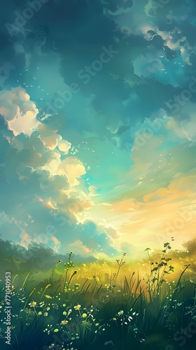 Wallpaper Mural A calming digital art piece of a dreamy landscape during sunset with flowers in the foreground Torontodigital.ca