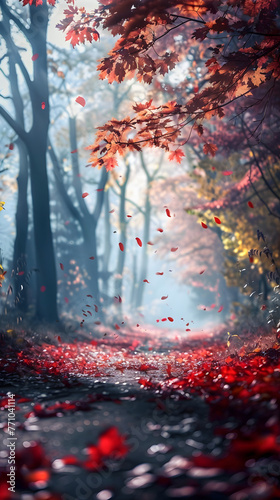 Wallpaper Mural An enchanting forest pathway lined with trees shedding vibrant red autumn leaves Torontodigital.ca