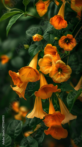 Wallpaper Mural Lush green foliage plays host to vibrant orange trumpet-shaped flowers in this lively and detailed natural scene Torontodigital.ca