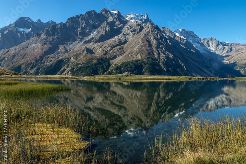 Massif de la Meije au Lac du Pontet à Villar-d'Arène en été , Massif de l' Oisans , Hautes Alpes , France photo