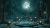 A mystical druid circle under a full moon in 'Arcane Echo Chamber', where ancient magic and echoing sound waves create a mystical atmosphere, in moonlight white and druidic grey