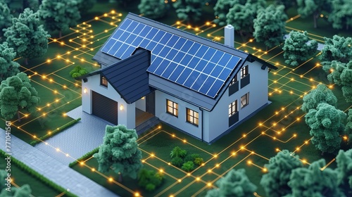 Isometric vector illustration of a simple diagram representing a hybrid solar cell system with colorful house concept and inverter panels isolated. photo