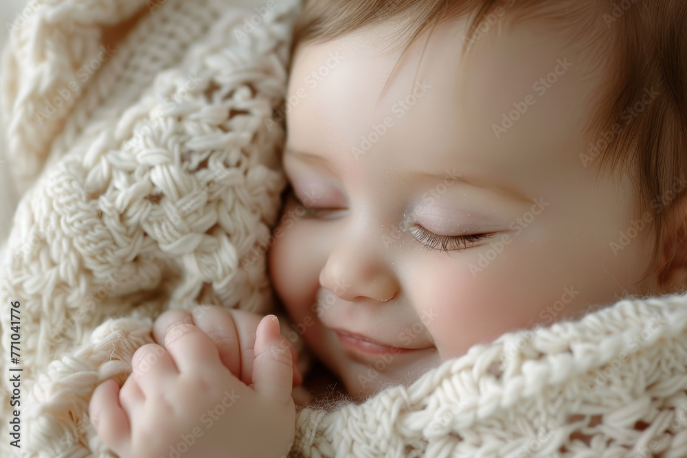 A baby is sleeping in a blanket with its hands clasped together A baby is sleeping in a blanket with its hands clasped together