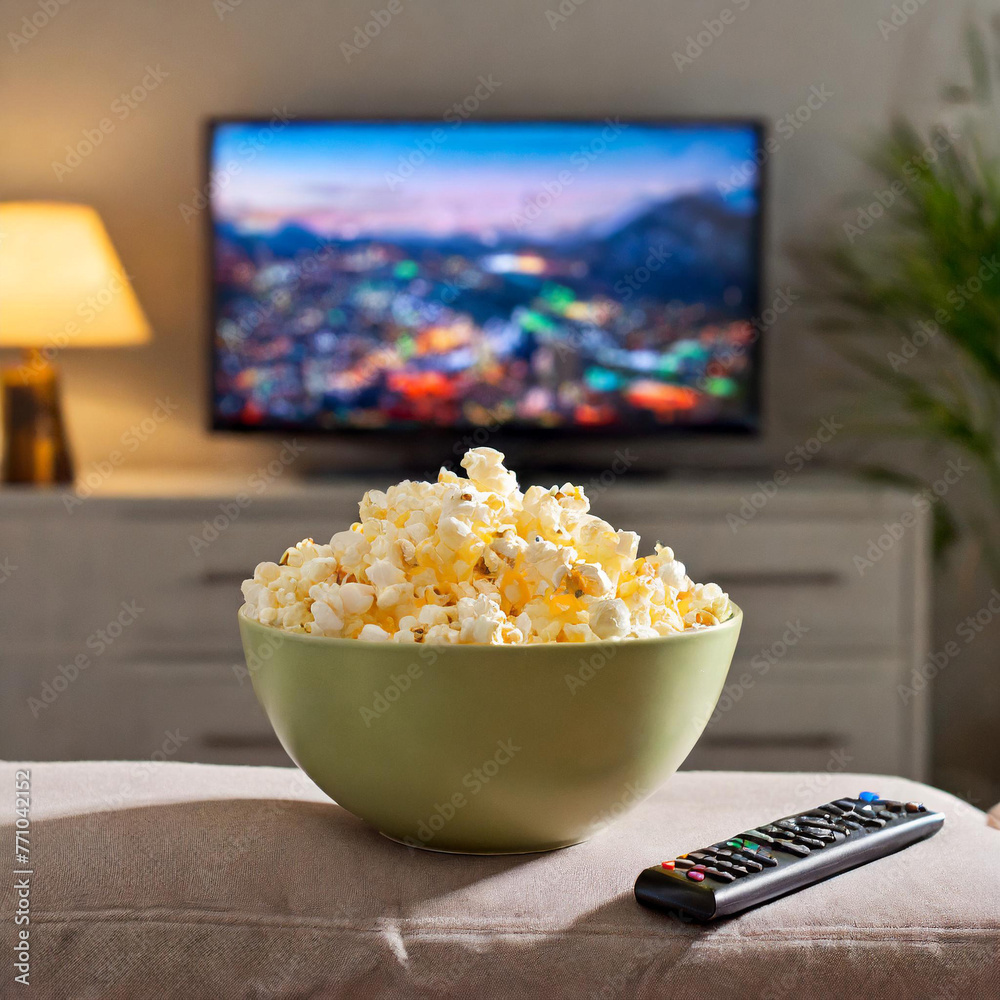 Popcorn on the couch prepared for eating while watching a movie at home Popcorn on the couch prepared for eating while watching a movie at home