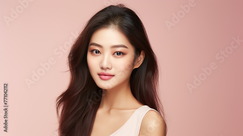 Beautiful young Asian woman with clear skin on pink background. Skin care. © Victoria