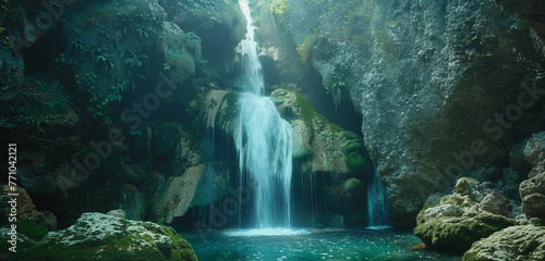 A breathtaking waterfall cascading down moss-covered rocks into a crystal-clear pool.