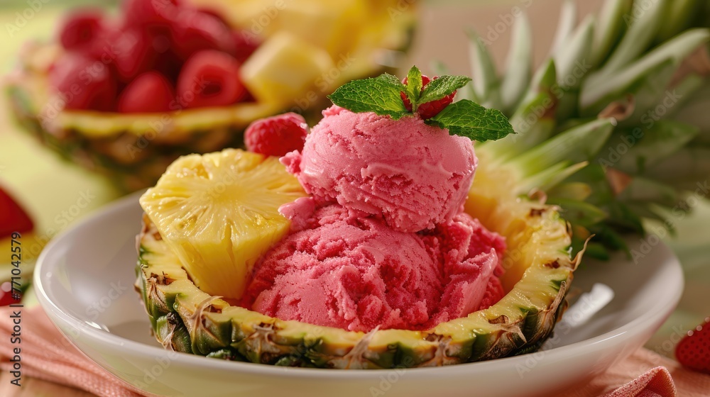 Refreshing fruit summer exotic sorbet served in pineapple. Healthy nutritious breakfast, dessert or snack, vegan concept