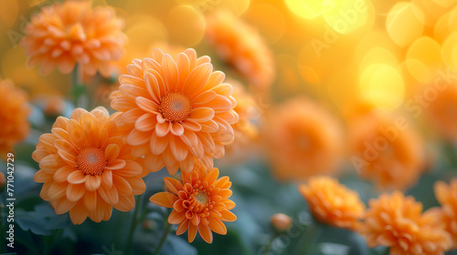 Orange chrysanthemum flowers with bokeh background.