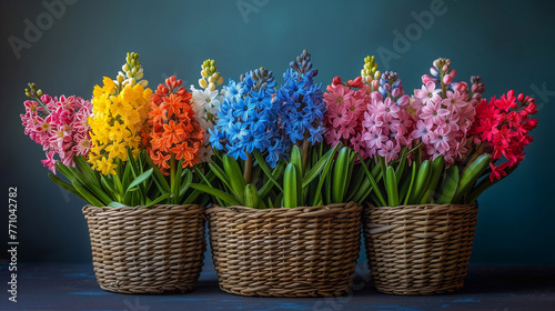 Colorful hyacinths in a basket on a dark background © Виктория Дутко