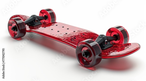 Multiple red skateboards are isolated against a white background. photo
