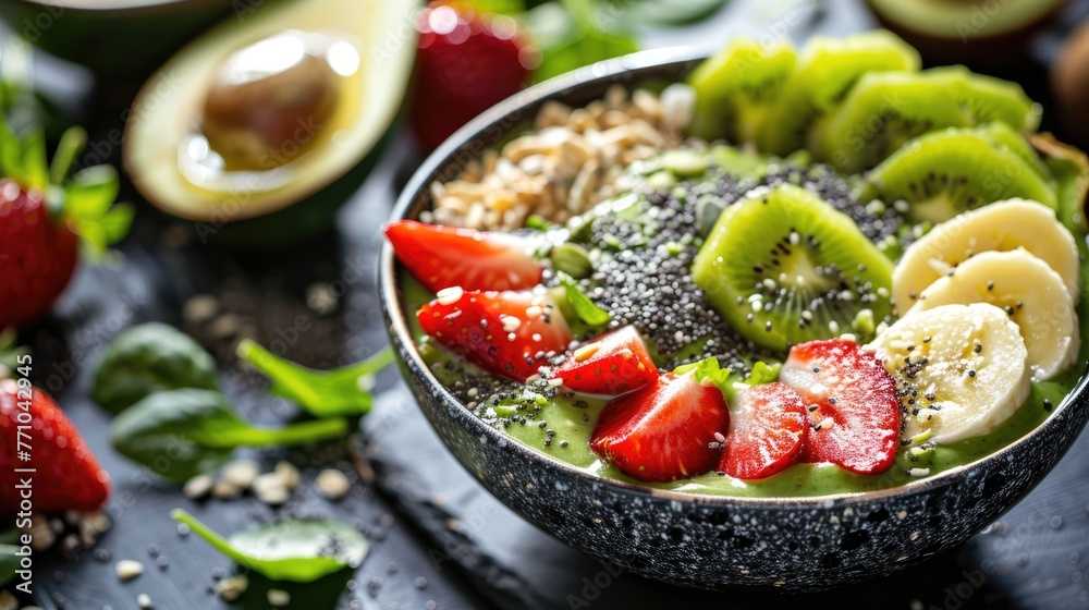 Nutritious green smoothie bowl topped with fresh fruits, kale, banana, avocado, kiwi, strawberries, chia seeds. Healthy breakfast, superfood concept Nutritious green smoothie bowl topped with fresh fruits, kale, banana, avocado, kiwi, strawberries, chia seeds. Healthy breakfast, superfood concept