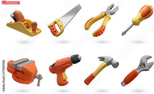 Set of tools. Planer, saw, pliers, screwdriver, vise, drill, hammer, adjustable wrench. 3d vector cartoon icons © Natis
