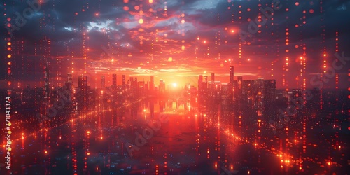 Exploring the Future: Cityscape with Digital Elements of Virtual Reality, Cyber Security, and Quantum Computing. Concept Cityscape Photography, Virtual Reality Integration, Cyber Security Design