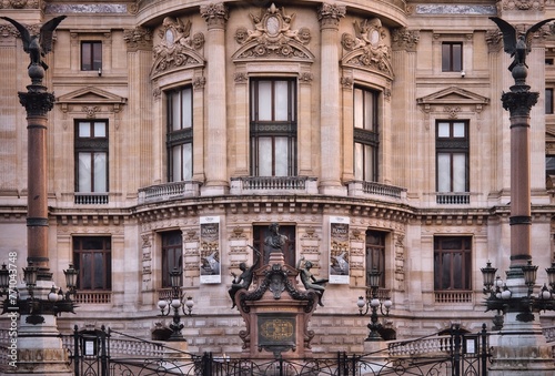 Paris Opera exterior facade and Garnier statue, France