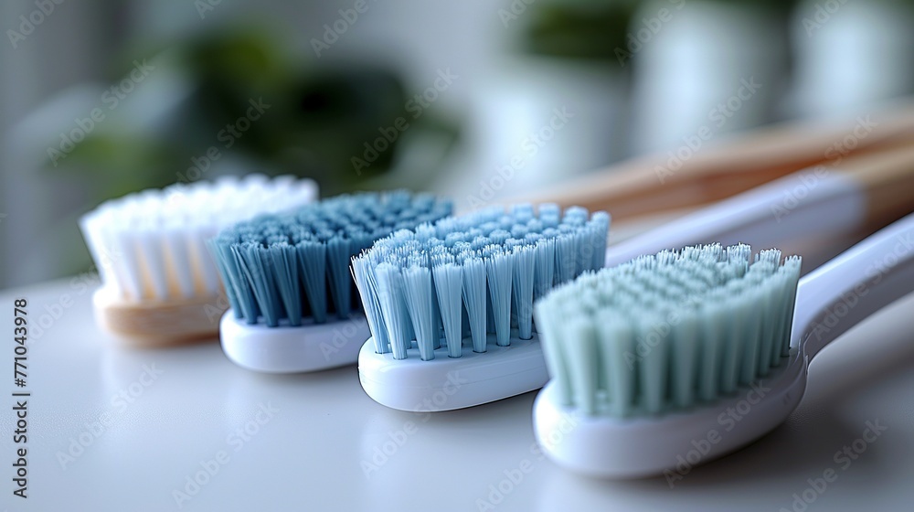 Positioned on a white paper background is a new toothbrush featuring green, white, and blue colors, highlighting dental hygiene. Positioned on a white paper background is a new toothbrush featuring green, white, and blue colors, highlighting dental hygiene.