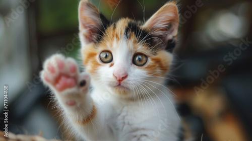 A cute calico kitten with a patchwork of colors and a playful paw batting at the air. © baseer