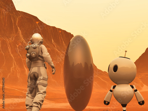 Astronaut and small robot facing a strange egg-shaped object on a desert alien planet