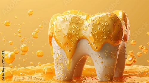 Presented in a realistic 3D style, this vector illustration features an unhealthy yellow tooth with a hole and caries, serving as a decorative design element for healthcare and dentistry. photo