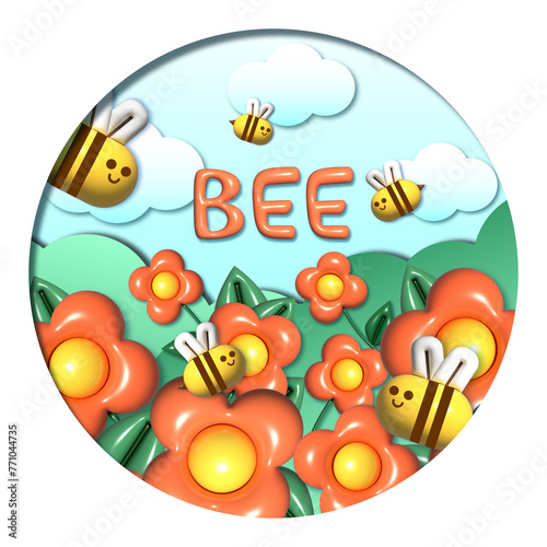 Bees on a meadow of flowers, bees collect honey, 3D meadow with bees (ID: 771044735)