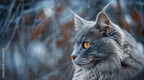 A fluffy gray cat with mesmerizing golden eyes and a calm demeanor.