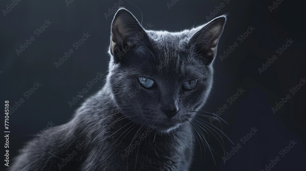 A graceful Russian Blue cat with a sleek coat and a contemplative expression.