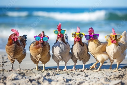 Photo of a humorous line-up of chickens wearing colorful sunglasses on a sunny beach, giving a comical twist to a typical summer vacation scene
Concept: summer, beach, humor, vacation, whimsical