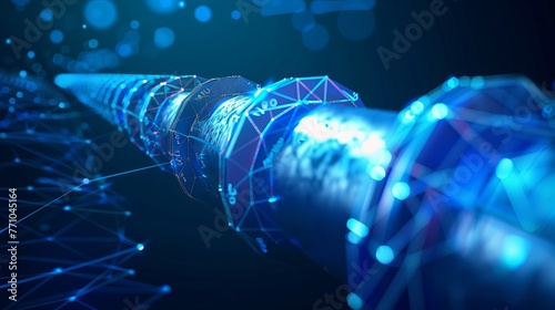 Business concept for an oil pipeline with a valve. Transportation line for the petroleum fuel industry. Vector illustration of a low poly mesh wiring frame. photo