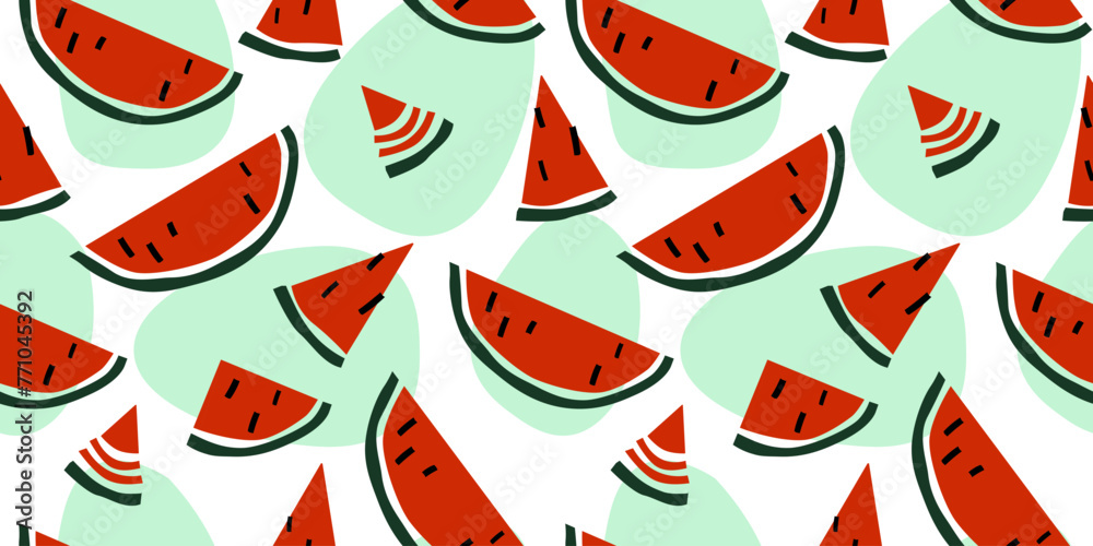 Seamless pattern with slices of juicy red watermelon with black seeds. Summer abstract print. Vector graphics. Seamless pattern with slices of juicy red watermelon with black seeds. Summer abstract print. Vector graphics.