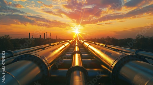 Petroleum industry plant pipeline and pipe rack against dusk sky background