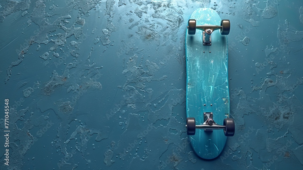Rendered in 3D against a blue backdrop with copy space, a blue longboard is showcased, offering a vibrant aesthetic.
