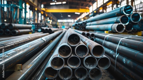 Group of steel pipes for industrial materials Engineered construction product; iron tubes; industrial warehouse; machinery photo