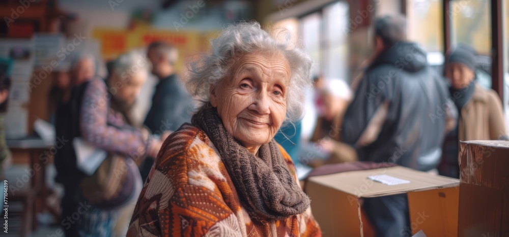 Caucasian elderly woman at poling station. Senior female voter preparing to cast her vote. Concept of elections, civic duty, democratic process, voting rights, active senior citizenship.