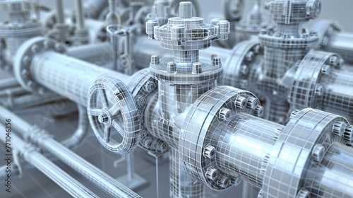 Various industrial equipment, including valves. 3D rendered in vector format. wire-frame design. There are distinct layers for visible and invisible lines. Orthography photo