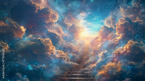 Stairway rising to a radiant sunrise amidst celestial clouds. Celestial steps. Cosmic pathway to a new day. Concept of hope, new beginnings, spiritual ascent, and the sublime. Digital art