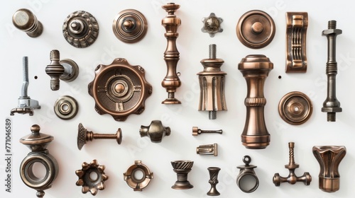 Furniture fittings creatively laid out to form a compelling composition, featuring elegant knobs, decorative brackets, and innovative fasteners. Isolated on plane white background. Top view photo