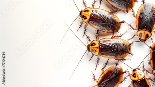 Top view of cockroaches on a white background. Pest insects. Concept of infestation severity, pest control urgency, and extermination needs. Banner with copy space