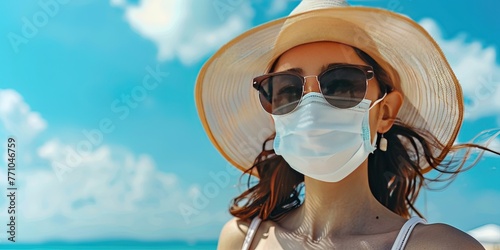 Woman wearing a mask on the beach while traveling on vacation to help prevent the spread of diseases to immunocompromised people