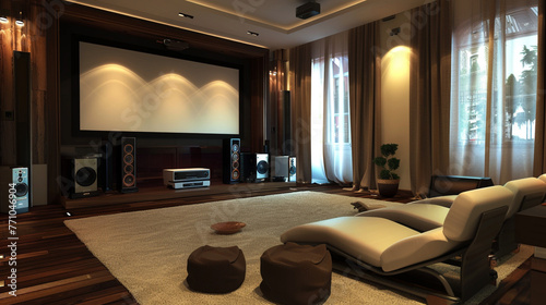 A modern home theater with comfortable reclining chairs  a large projection screen  and surround sound speakers.