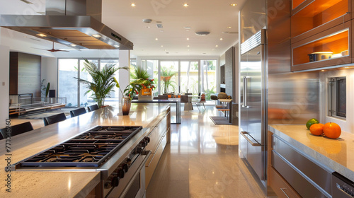 A modern kitchen with sleek countertops, stainless steel appliances, and an open-concept layout. © baseer
