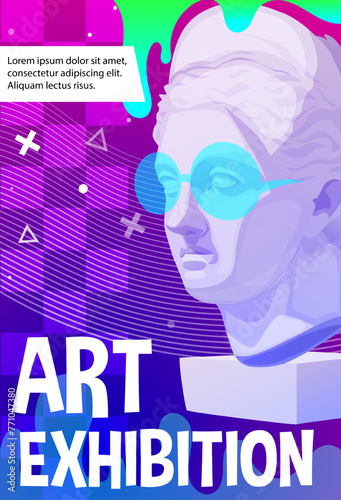 Art exhibition poster. Retro acid flyer design with famous sculpture or bust wearing modern groovy glasses. Futristic contemporary invitation to museum or gallery. Cartoon flat vector illustration