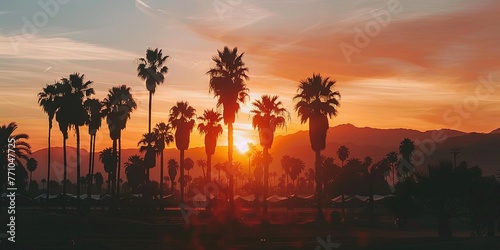 Sunset on palm tree desert in american southwest