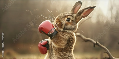 Bunny rabbit wearing boxing gloves and ready to fight outdoors training photo