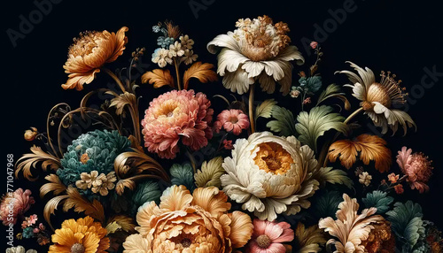 Vintage flowers, set against a deep black background