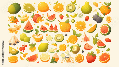 Illustration of many fruits. Icons of various fruits on a light background